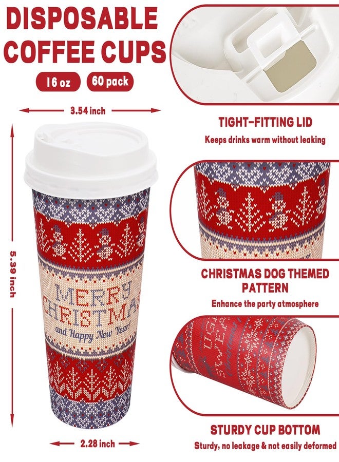 JarThenaAMCS 60Pcs Christmas Coffee Cups 16 Oz Vintage Ugly Sweater Merry Christmas Paper Cup with Lid Xmas Disposable Drinking Cups or Winter Party Hot Cold Drink Supplies - Image 2